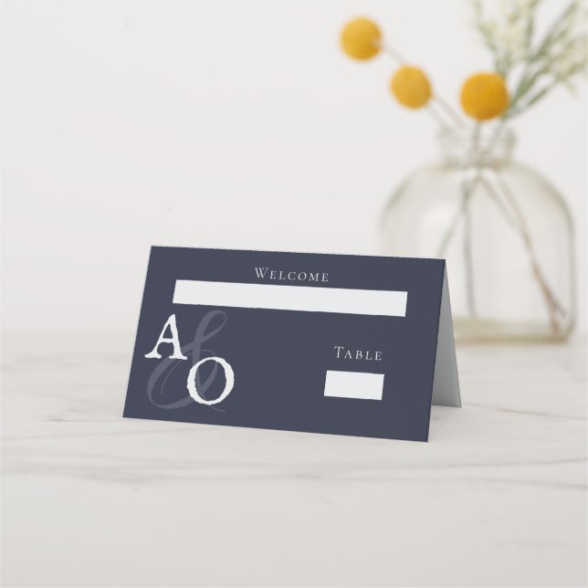 Navy Blue Minimalist Monogram Wedding Reception Place Card (Front)