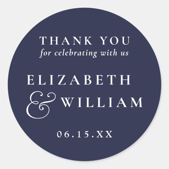 Navy Blue Minimalist Monogram Wedding Thank You Classic Round Sticker (Front)