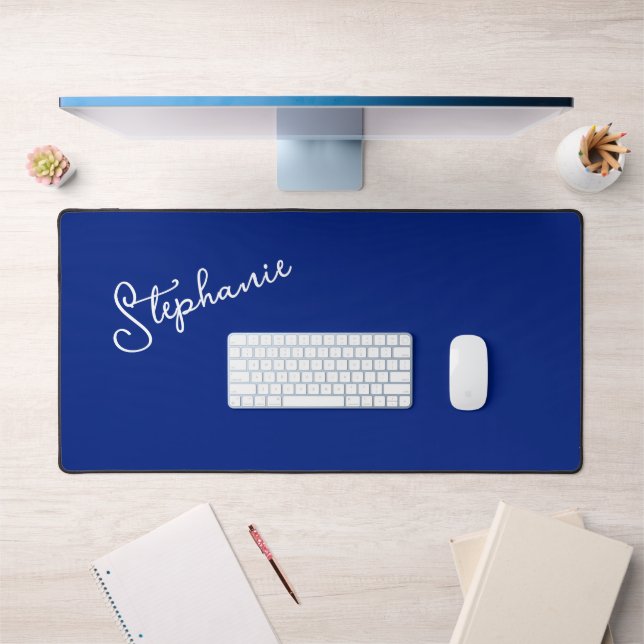 Navy Blue Minimalist Personalised Script Name  Desk Mat (Office 1)