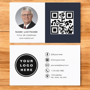 Navy Blue Minimalist PhotoQR Code Social Media Business Card
