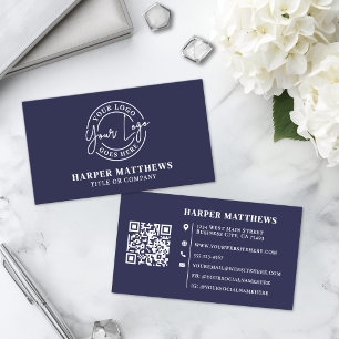 Navy Blue Minimalist Professional Logo QR Code Business Card