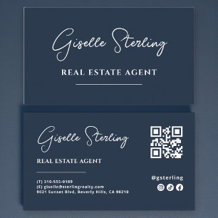 Navy Blue Minimalist Real Estate Agent QR Code Business Card
