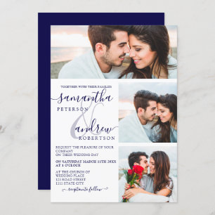 Navy blue minimalist script 3 photos wedding invitation