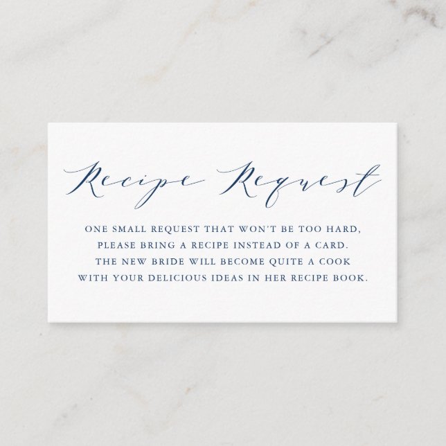 Navy Blue Minimalist Script Shower Recipe Request Enclosure Card (Front)