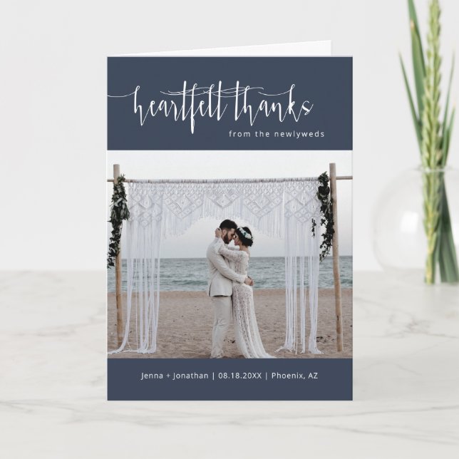 Navy Blue Minimalist Script Wedding Photo Folded Thank You Card (Front)