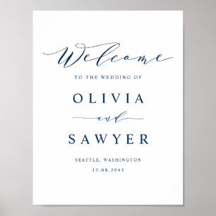Navy Blue Minimalist Script Wedding Welcome Poster