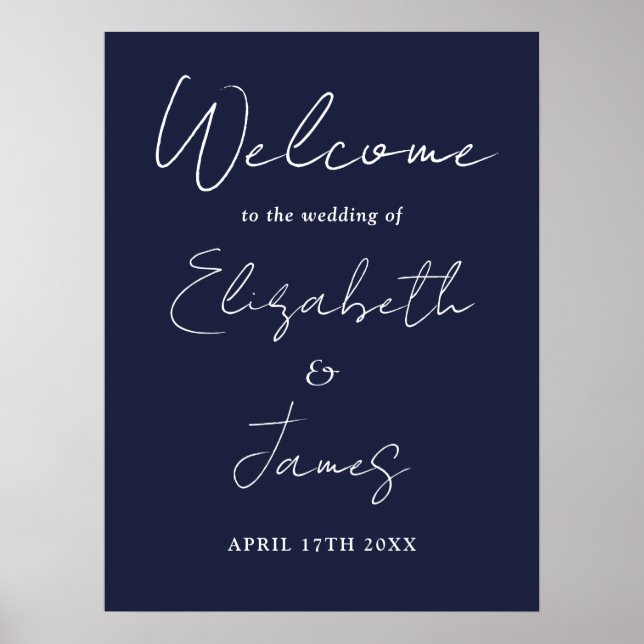 Navy Blue Minimalist Script Wedding Welcome Sign (Front)