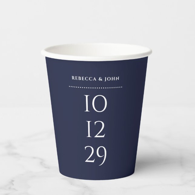 Navy Blue Minimalist Special Date Wedding Paper Cups (Front)