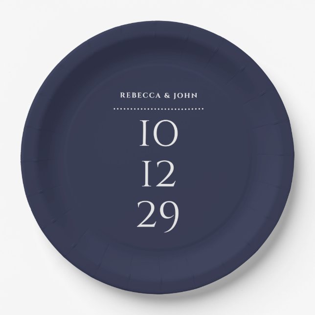 Navy Blue Minimalist Special Date Wedding Paper Plate (Front)