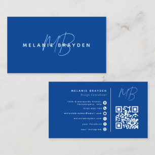 Navy Blue Minimalist Two Monogram QR Code Business Card