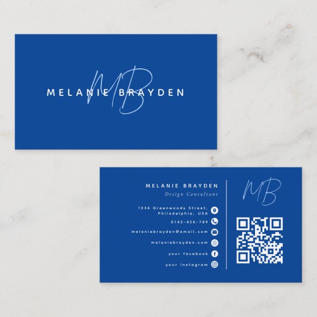 Navy Blue Minimalist Two Monogram QR Code Business Card (Front/Back)
