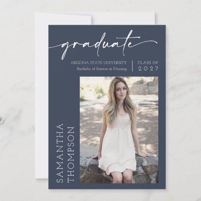 Navy Blue Minimalist Two Photo Graduation Party Invitation (Front)