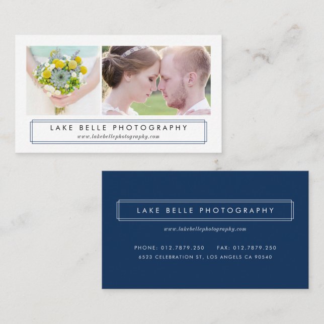 Navy Blue Minimalist Two Photo Layout Modern Business Card (Front/Back)