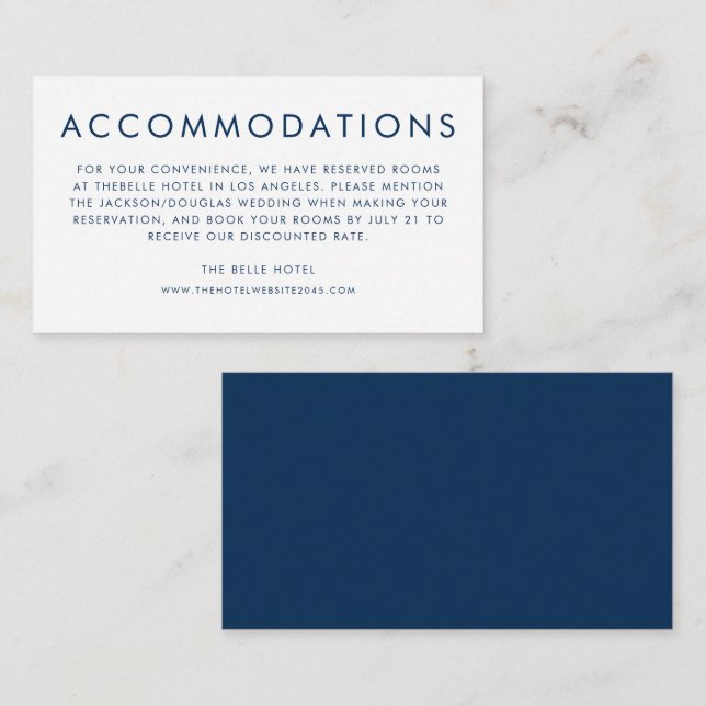Navy Blue Minimalist Typography Accommodations Enclosure Card (Front/Back)
