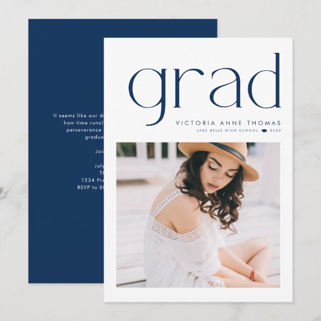 Navy Blue Minimalist Typography Photo Graduation Announcement (Front/Back)