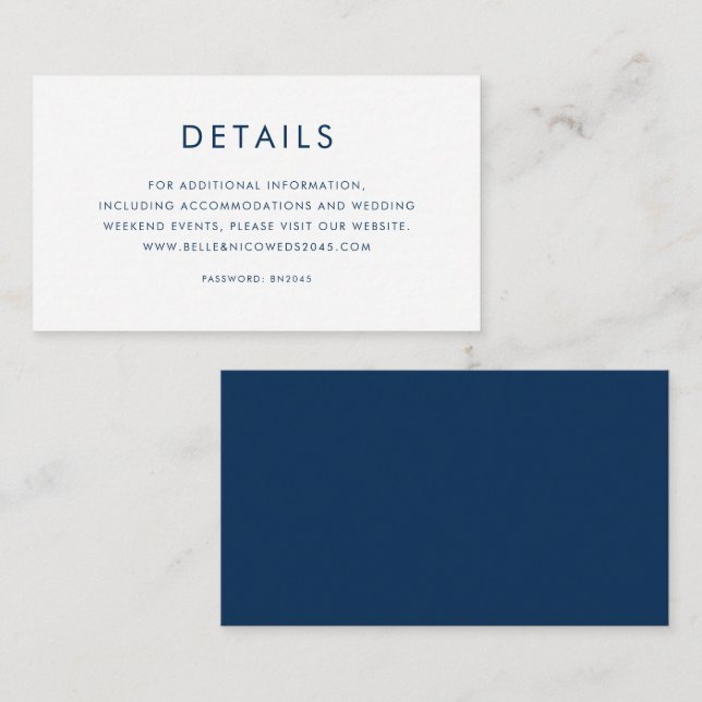 Navy Blue Minimalist Typography Wedding Details Enclosure Card (Front/Back)