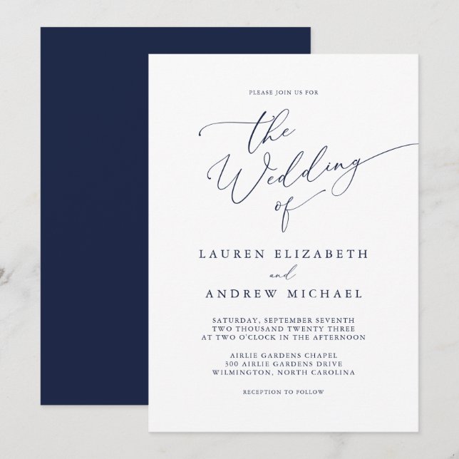 Navy Blue Minimalist Wedding Invitation (Front/Back)