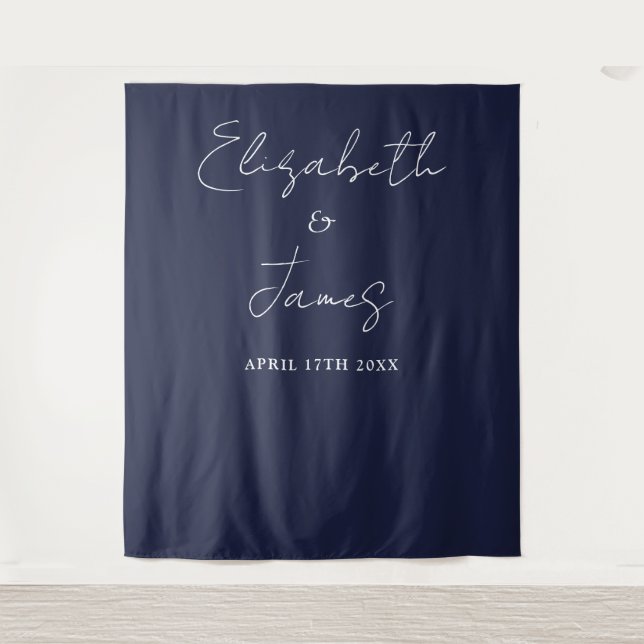 Navy Blue Minimalist Wedding Photo Backdrop Tapestry (Front)