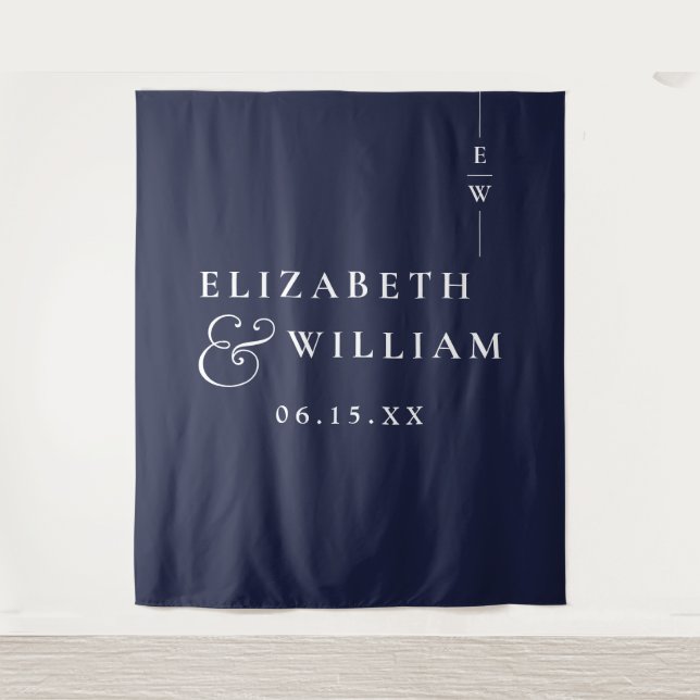 Navy Blue Minimalist Wedding Photo Backdrop Tapestry (Front)