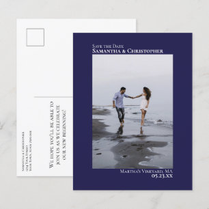 Navy Blue Minimalist Wedding Photo Save The Date Announcement Postcard