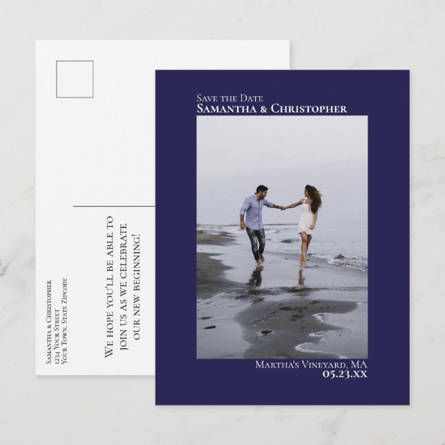 Navy Blue Minimalist Wedding Photo Save The Date Announcement Postcard (Front/Back)