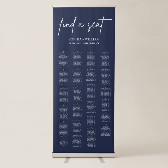 Navy Blue Minimalist Wedding Seating Chart  Retractable Banner (Front)