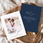 Navy Blue Minimalist Wedding Thank You Photo Card<br><div class="desc">Wedding Thank You Cards that have a photo on the front and back. The Thank you cards contain a modern hand lettered cursive script typography that are elegant,  simple and modern to use after you wedding day celebration.</div>