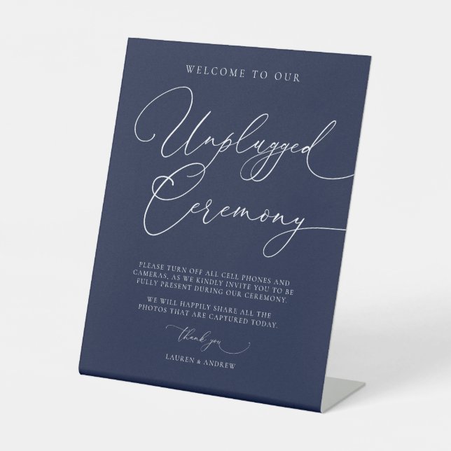Navy Blue Minimalist Wedding Unplugged Ceremony Pe Pedestal Sign (Front)