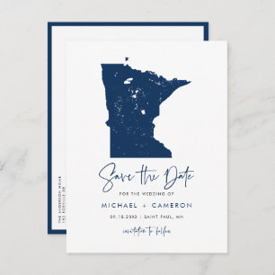 Navy Blue Minnesota Map QR Code Save the Date Announcement Postcard
