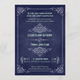 Navy Blue & Mint Chalkboard Deco Wedding Invitation
