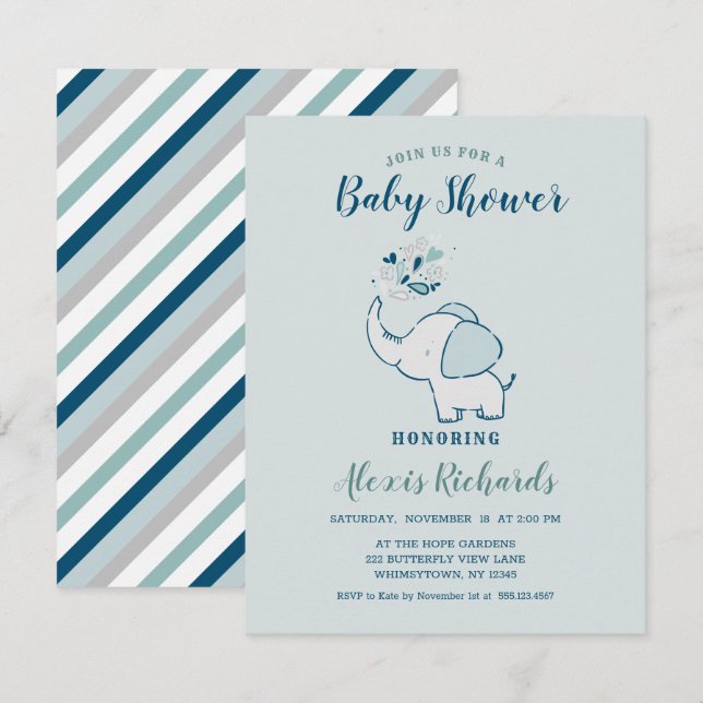 Navy Blue & Mint Cute Elephant Themed Baby Shower Invitation (Front/Back)