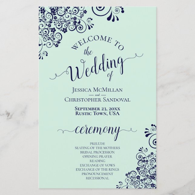Navy Blue & Mint Green BUDGET Wedding Program (Front)