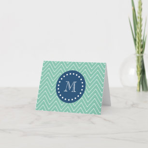 Navy Blue, Mint Green Chevron Pattern Your Monog Note Card