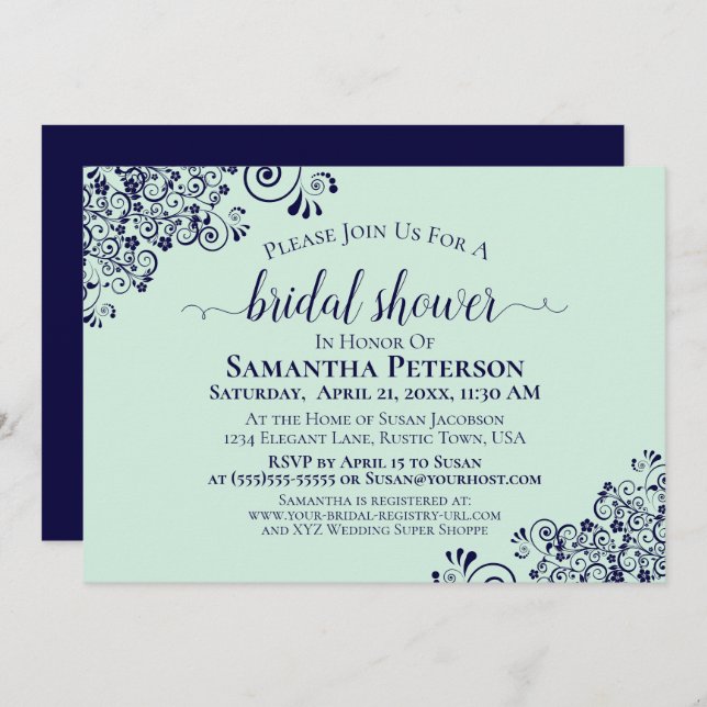 Navy Blue & Mint Green Elegant Lace Bridal Shower Invitation (Front/Back)