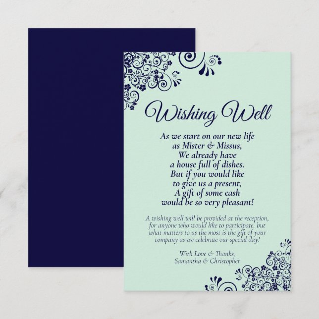 Navy Blue & Mint Green Wedding Wishing Well Poem Enclosure Card (Front/Back)