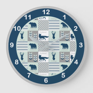 Navy Blue, Mint Green Woodland Animals Large Clock