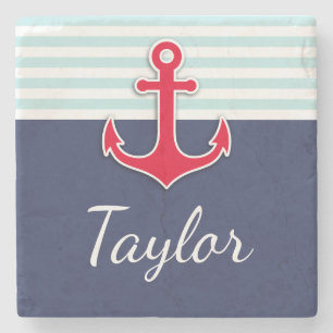 Navy Blue Mint Stripes Red Anchor Personalised Stone Coaster