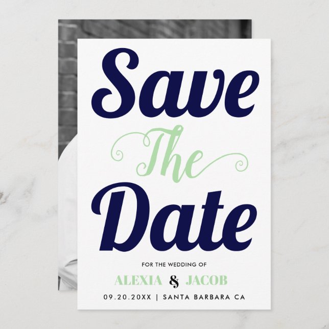 Navy blue, mint typography and photo on the back save the date (Front/Back)