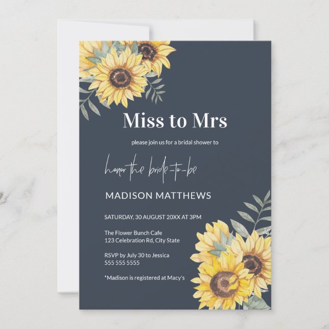Navy Blue Miss to Mrs Sunflower Bridal Shower Invi Invitation (Front)