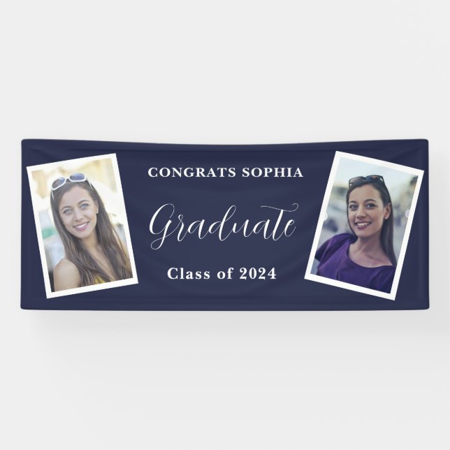 Navy Blue Modern 2 Photo Graduation Party  Banner (Horizontal)