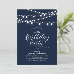 Navy Blue Modern 40th Adult Birthday Party Invitation