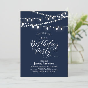 Navy Blue Modern 40th Adult Birthday Party Invitation