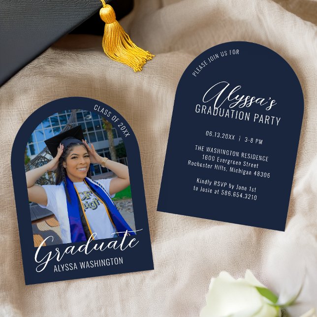 Navy Blue Modern Arch Photo Graduation Party Invitation (Creator Uploaded)