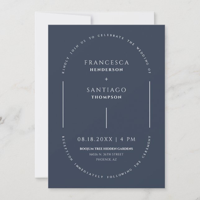 Navy Blue Modern Arch QR Code Wedding Photo Invite (Front)