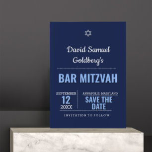 Navy Blue Modern Bar Mitzvah Save the Date Card
