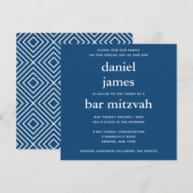 Navy Blue Modern Bar Mitzvah Square Invitation (Front/Back)