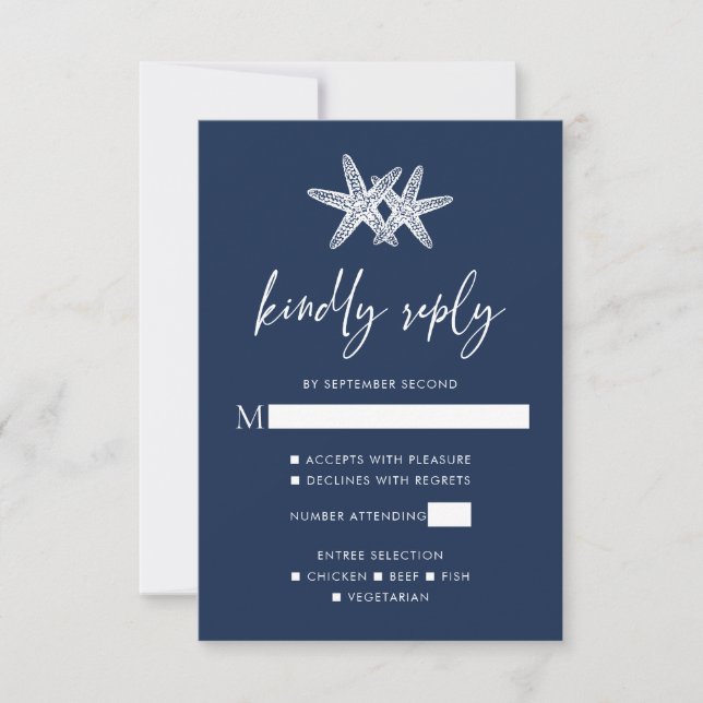 Navy Blue Modern Beach Starfish Wedding  RSVP Card (Front)
