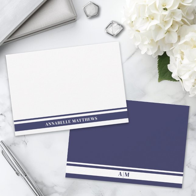 Navy Blue Modern Border Minimalist Monogram Card (Navy Blue Border Minimalist Name Monogram Note Card )