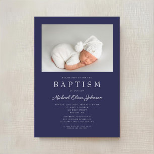 Navy Blue Modern Boy Photo Baptism Invitation