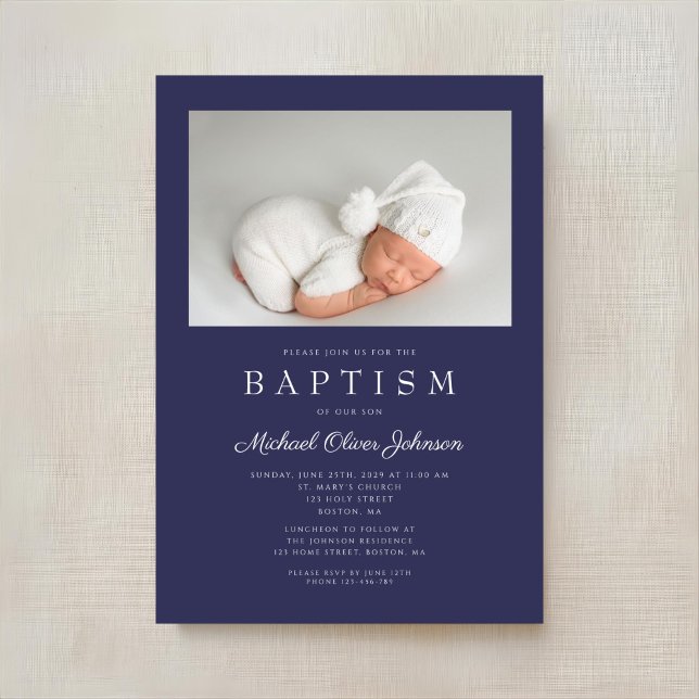 Navy Blue Modern Boy Photo Baptism Invitation (Navy Blue Modern Boy Photo Baptism Invitation)